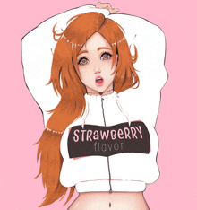 a girl with red hair is wearing a strawberry flavor sweatshirt