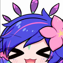 a drawing of a girl with blue hair and pink flowers in her hair