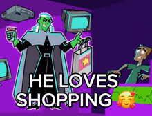 a cartoon of a man holding a bag with the words he loves shopping