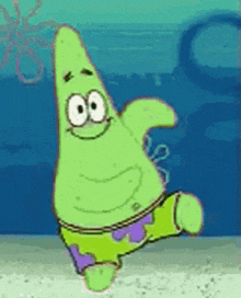 patrick star from spongebob squarepants is dancing in the water while wearing purple shorts .