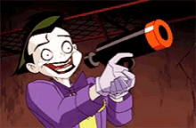a cartoon of the joker holding a cannon