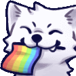 a white cat with a rainbow in its mouth is licking its nose .