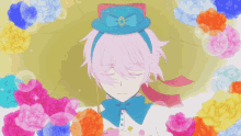 a cartoon character with pink hair and a blue hat is surrounded by colorful flowers