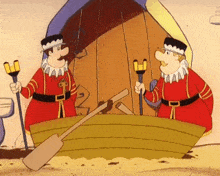 two cartoon characters are standing in a boat with oars