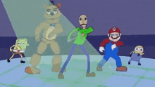 a group of cartoon characters are dancing together including freddy fazbear , baldi , mario and spongebob