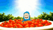 a cartoon character with a blue beard is sitting in a bowl of tomatoes