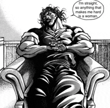 a man sitting in a chair with a speech bubble that says " i 'm straight " on it