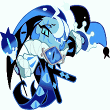 a pixel art of a blue and black character
