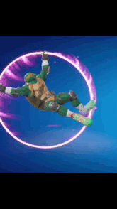 a ninja turtle is flying through a purple circle
