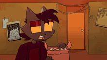 a cartoon of a cat holding a box of food