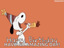 a cartoon of snoopy blowing a party horn and saying happy birthday