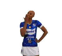 a woman wearing a blue itambé minas 16 jersey waves her hand