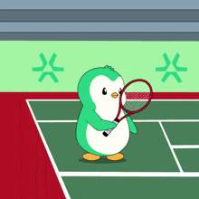 a green and white penguin holding a tennis racquet on a tennis court