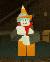 a cartoon character wearing a cone hat and a scarf with the number 3 on it