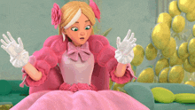 a girl in a pink dress and white gloves