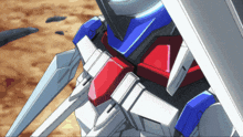a blue and white robot with a red center