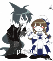 a shark and a girl are standing next to each other and the girl is wearing a sailor uniform