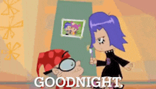 a cartoon character says goodnight in front of a picture