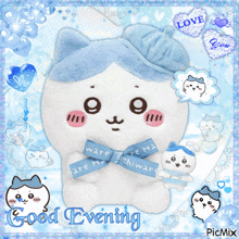a picture of a stuffed animal with the words good evening on the bottom