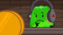 a green cartoon character wearing headphones with an arrow pointing to the right