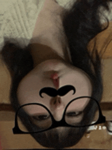 a woman wearing glasses and a mustache on her face