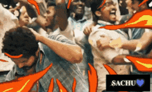 a picture of a crowd of people with a sachu logo