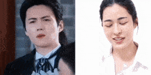 a man in a suit and tie and a woman in a white shirt are making funny faces .