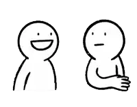 a black and white drawing of two people , one smiling and the other sitting down .