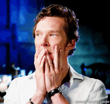 a man covering his mouth with his hands and the words cucumberbenny.tumblr written below him