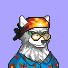a pixel art drawing of a husky wearing glasses and a headband