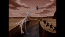 a group of people standing on a bridge over a river