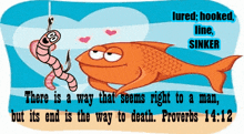 a cartoon of a fish with a worm on a hook that says lure hooked line sinker