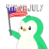a green penguin is holding an american flag with the words 4th of july written above it