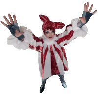 a woman in a red and white clown costume holds her arms outstretched