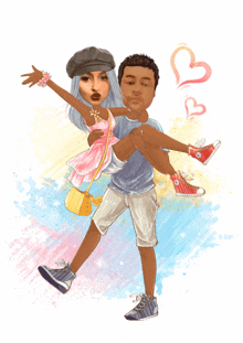 a cartoon of a man carrying a woman in his arms with hearts in the background