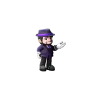 a cartoon character wearing a purple hat and a purple suit