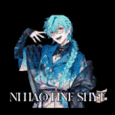 a man with blue hair is standing in front of a sign that says nihao fine siiyt .