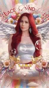a woman with red hair is surrounded by hearts and flowers with the words peace and love