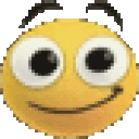 a pixel art illustration of a smiley face with big eyes and a smile .