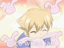 a cartoon of a boy with his arms outstretched and the words nico when ian written below him