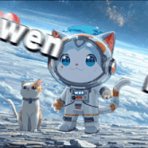 a cat in a space suit is standing next to a cat with the word wen on it