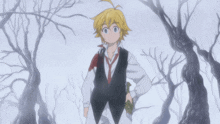 a cartoon character is standing in a forest with a sword in his hand
