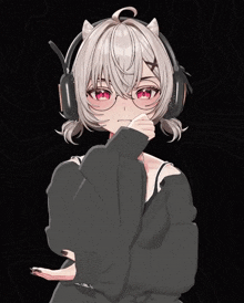 a girl with white hair and red eyes wearing headphones and a choker