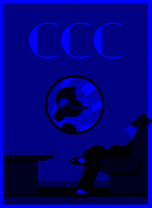 a blue poster with the letters ccc and a person smoking a cigarette