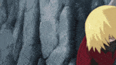 a cartoon character with yellow hair is standing in front of rocks