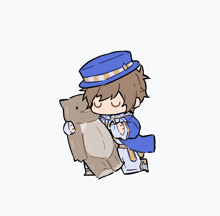 a boy in a blue hat is holding a bag