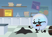 a cartoon character wearing sunglasses is standing next to a puddle of black liquid on the floor