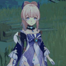 a girl with long pink hair is standing in the grass