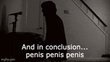 a silhouette of a man standing next to a microphone with the words and in conclusion penis penis penis