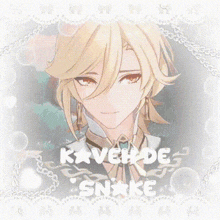 a picture of a boy with blonde hair and the words kaveh de snake on the bottom